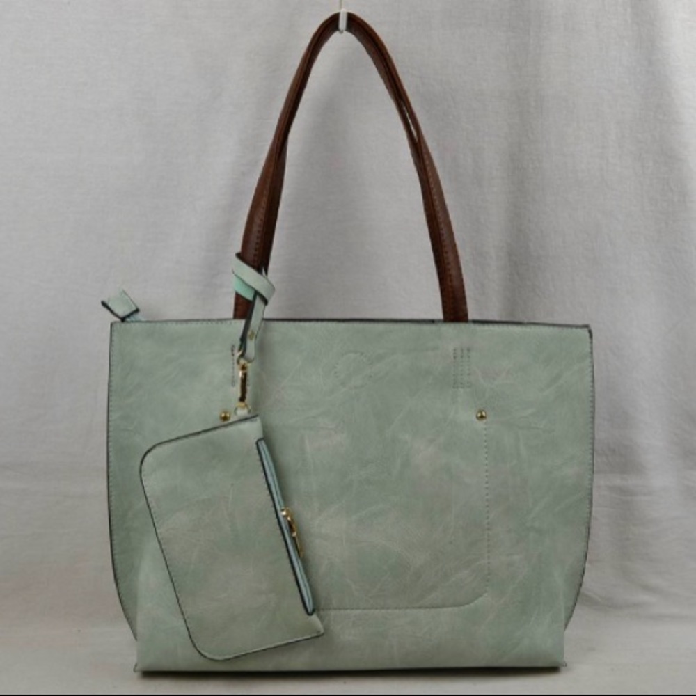 Mint / Brown Tote Bag With Matching Wristlet